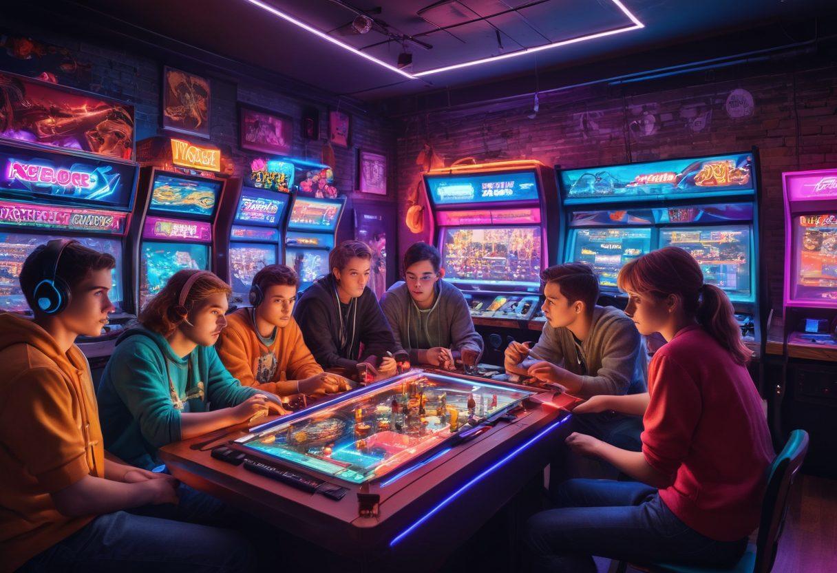 A dynamic scene capturing a diverse group of gamers engaged in a lively discussion around a table cluttered with game controllers, strategy guides, and snacks. The backdrop features a large screen displaying intense game play, with colorful graphics bursting out. Incorporate elements of gaming culture like retro arcade machines and modern consoles to immerse viewers. subtle glowing neon lights. vibrant colors. super-realistic.