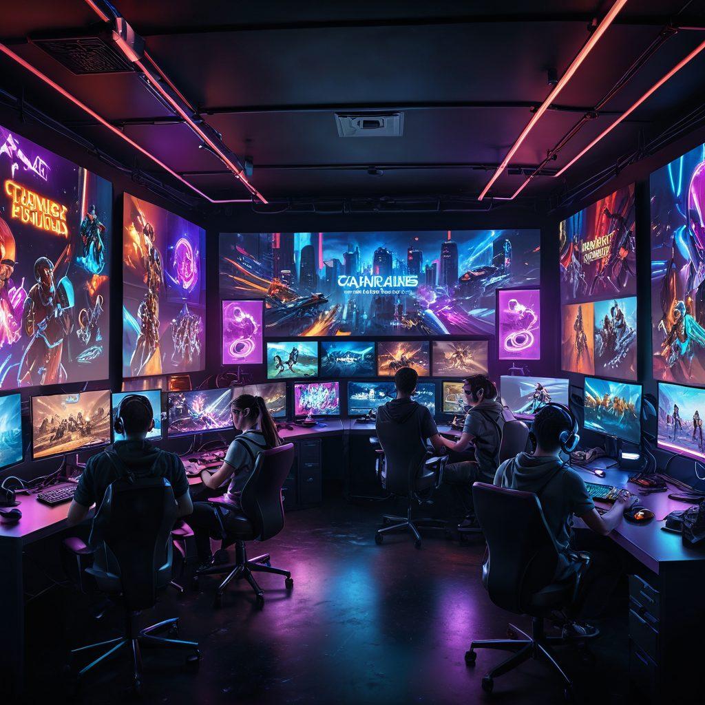 A dynamic and engaging design featuring a diverse group of gamers intensely focused on their screens, surrounded by an array of gaming paraphernalia like controllers, headsets, and snacks. Include visual elements representing various game genres like RPG, FPS, and platformers. Incorporate a vivid color palette with a futuristic cityscape backdrop and an encouraging tagline in a stylish font. cyberpunk. vibrant colors. 3D.