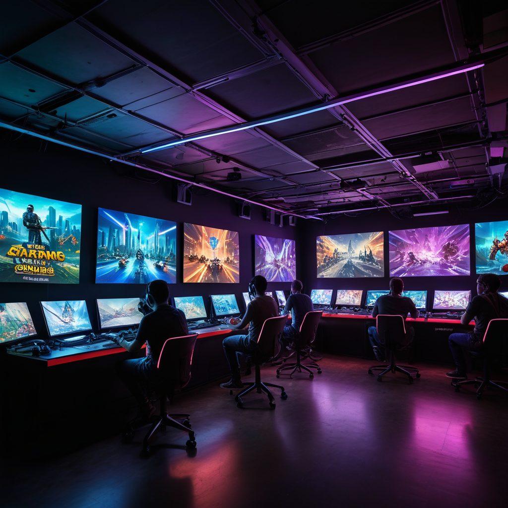 A dynamic scene showcasing a diverse group of gamers intensely focused on their screens, surrounded by posters of popular games and guides. Incorporate glowing LED lights, gaming peripherals, and action-packed visuals on the monitors. Feature a sense of excitement and competition, with elements like trophies and accolades in the background. A futuristic city skyline can be seen through the window, symbolizing the ever-evolving gaming world. vibrant colors. super-realistic. 3D.